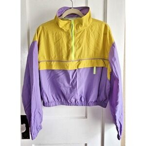 Dee Elly colorblock windbreaker crop‎ jacket 1/2 zip 100% Nylon pocket woman M